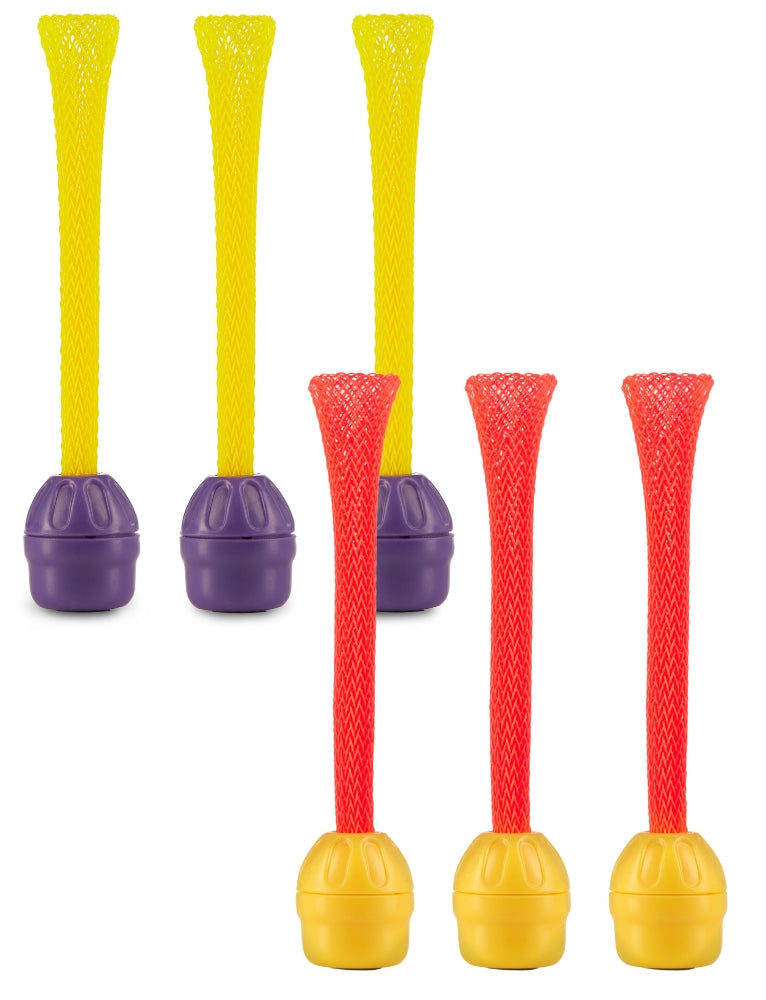 Six Doinkit Darts refills with mesh tubes in yellow and red colors with purple and yellow bases