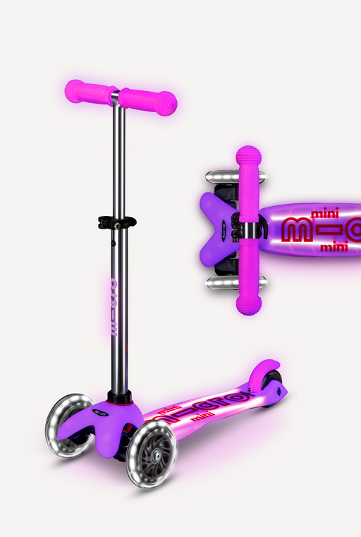 Purple Mini Deluxe scooter with LED lights, shown from multiple angles on white background