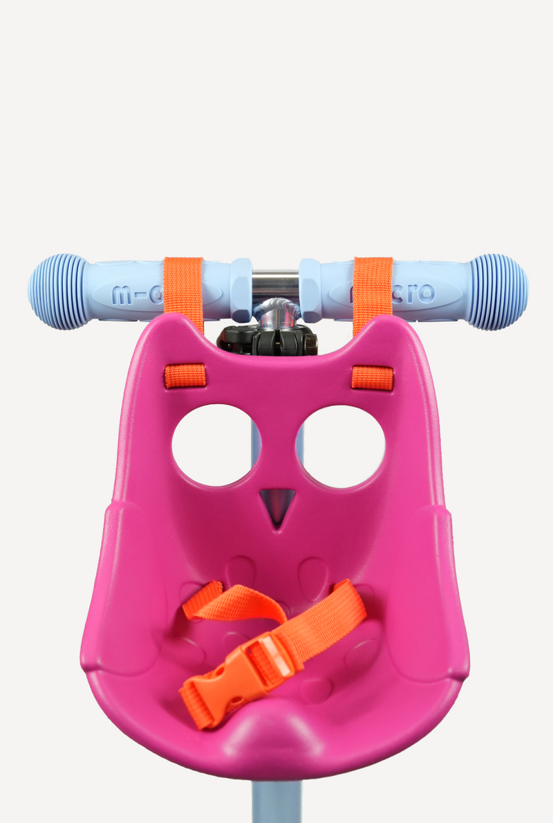 Pink Scootaseatz seat attachment with owl design for Micro Kickboard scooter