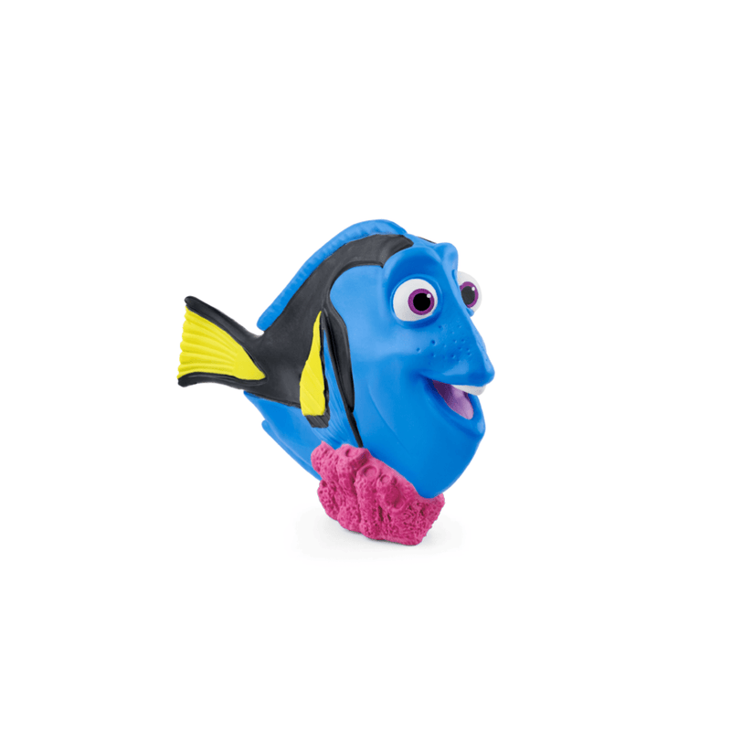 Blue Dory fish character Tonie figurine on pink coral base with yellow and black fins