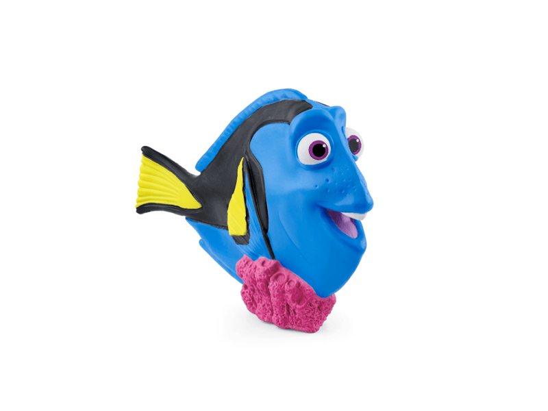 Blue Dory fish Tonie figurine with yellow and black fins on pink coral base