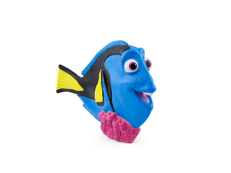 Blue Dory character Tonie figurine on pink coral base with transparent background