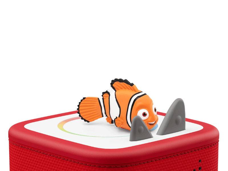 Orange clownfish Tonie figure on red Toniebox speaker with shark fins