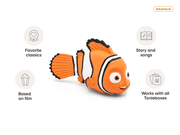 Orange clownfish Nemo Tonie figure with product features highlighted around it on white background