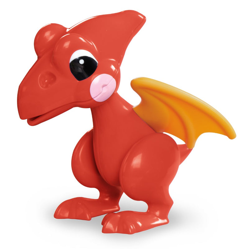 Red Pterodactl dinosaur toy with orange wings on a white background.