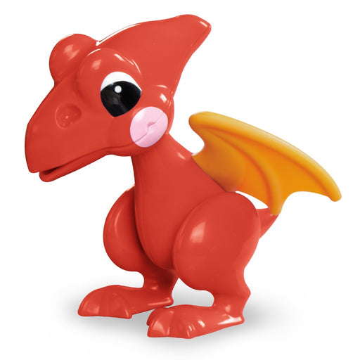 Red Pterodactl dinosaur toy with orange wings on a white background.