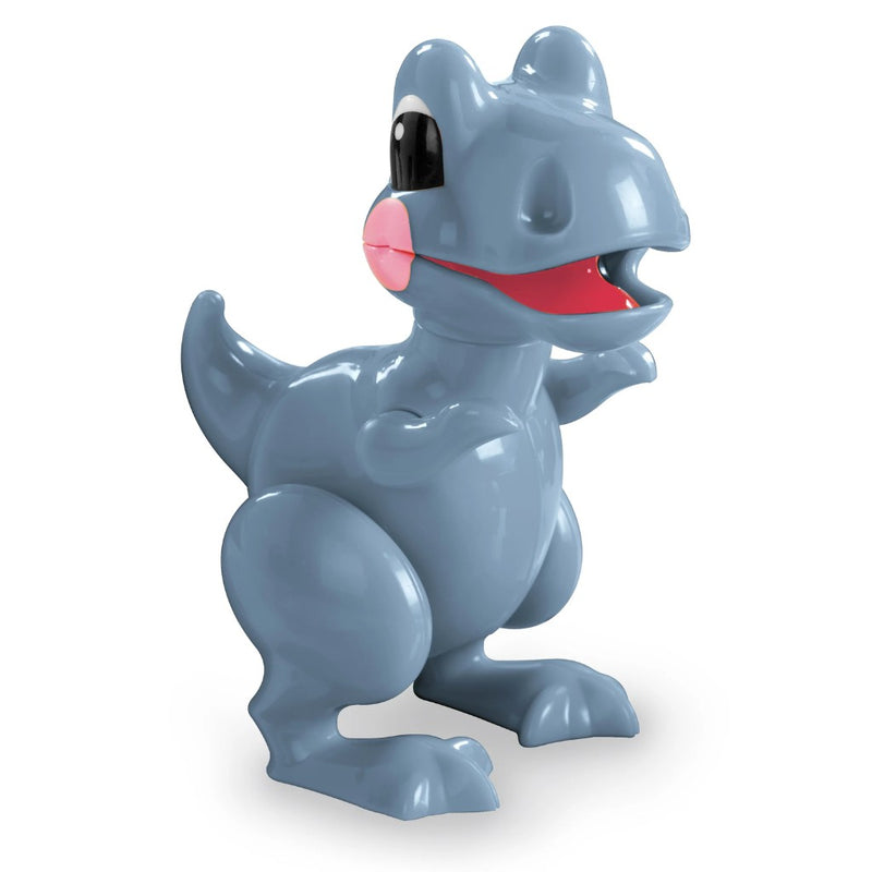 Blue T-Rex dinosaur-like figurine with a red mouth on a white background.