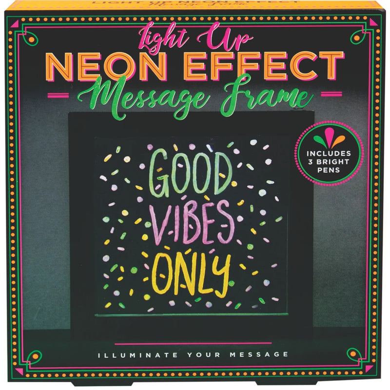 Box for the Light up neon effect message frame displaying Good Vibes Only with markers included.