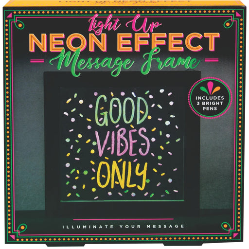 Box for the Light up neon effect message frame displaying Good Vibes Only with markers included.