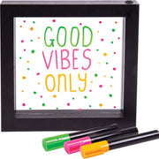 Picture of the Light up neon effect message frame displaying Good Vibes with geen, pink and orange neon markers.  