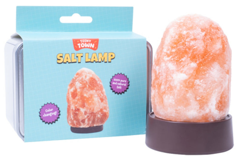 Teeny Town miniature Himalayan salt lamp with brown base beside branded packaging box
