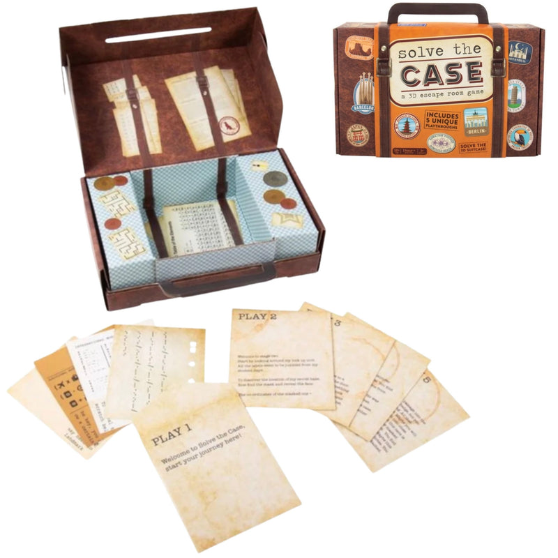 Solve the Case: Detective style game shown with its brown suitcase-style box, open to reveal playmat and game pieces, plus several aged paper cards and instructions spread in front on a white background.
