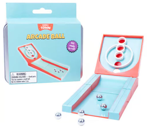 A toy arcade ball game set shown with its retail box and the open game board. The set includes a light blue and coral-red plastic game tray with white rings and several small metallic silver balls on a white background.
