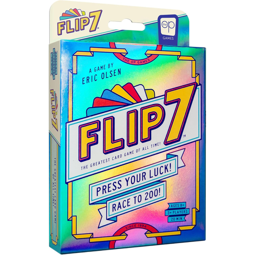 Flip 7 card game packaging with colorful design and text