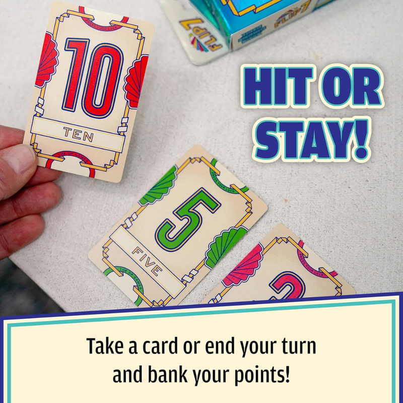 Card game with cards showing numbers and text 'Hit or Stay!' on a textured surface.