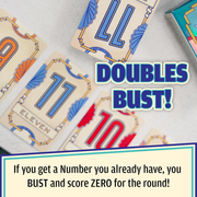 Card game with numbers and text 'DOUBLES BUST!' on a white background