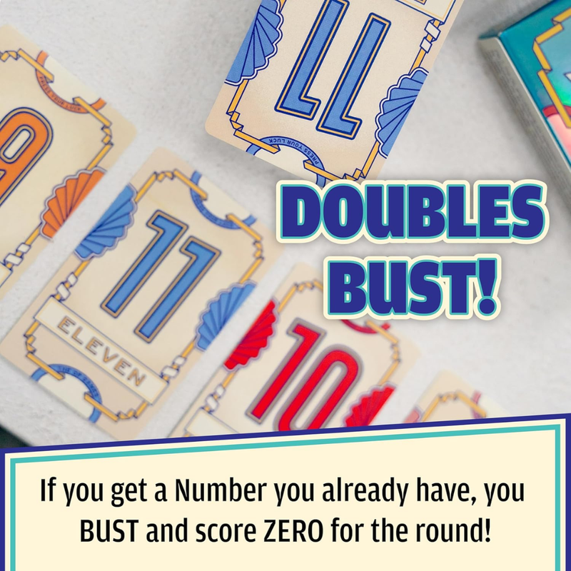 Card game with numbers and text 'DOUBLES BUST!' on a white background