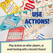 Collage of game cards with text 'USE ACTIONS!' and 'SECOND CHANCE' on a light background.