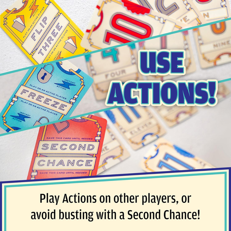 Collage of game cards with text 'USE ACTIONS!' and 'SECOND CHANCE' on a light background.