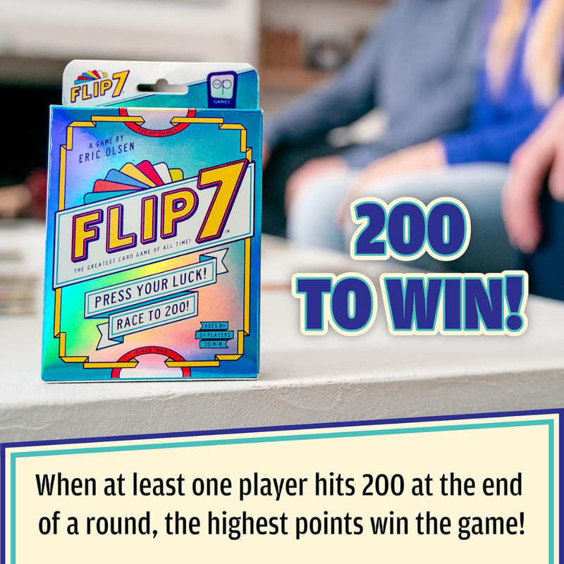 Flip7 card game packaging with text about needing 200 points to win.