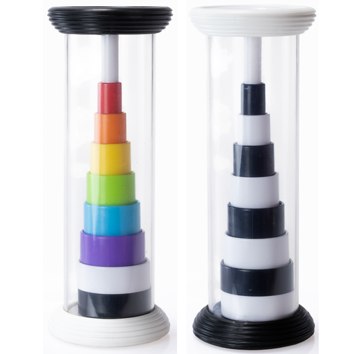 A cylindrical tower with stacked colorful and black-and-white blocks on a white background.