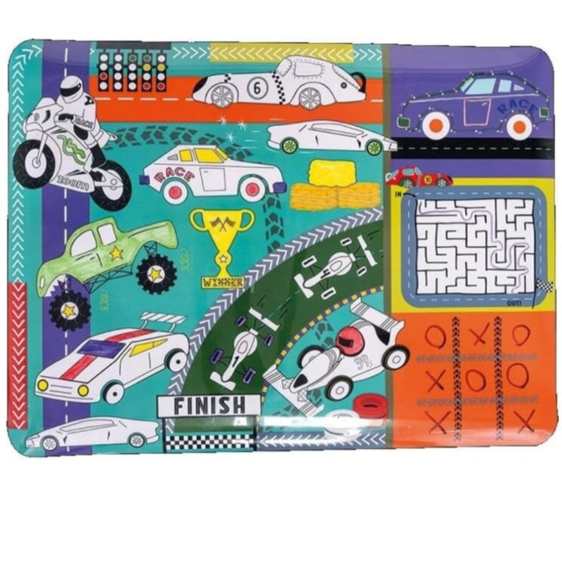 Colorful children's activity mat with racing theme.