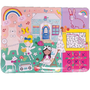 Children's educational coloring mat with colorful illustrations on a pink background.