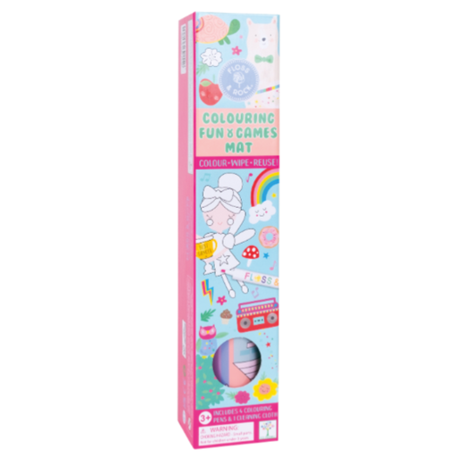 Boxed colouring fun and games mat with cartoon characters and graphics on a white background.