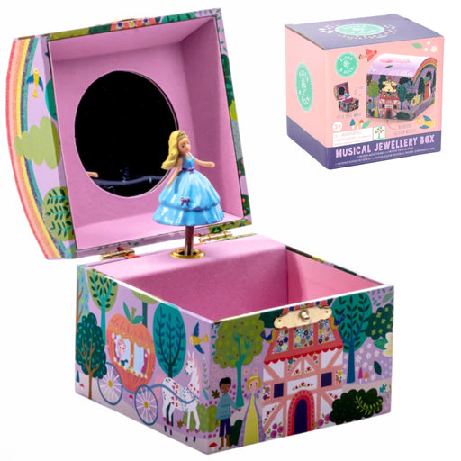 A children's musical jewellery box shown open, with a small figurine standing inside. The exterior and interior are decorated with colorful whimsical illustrations including a carriage, trees, and houses.