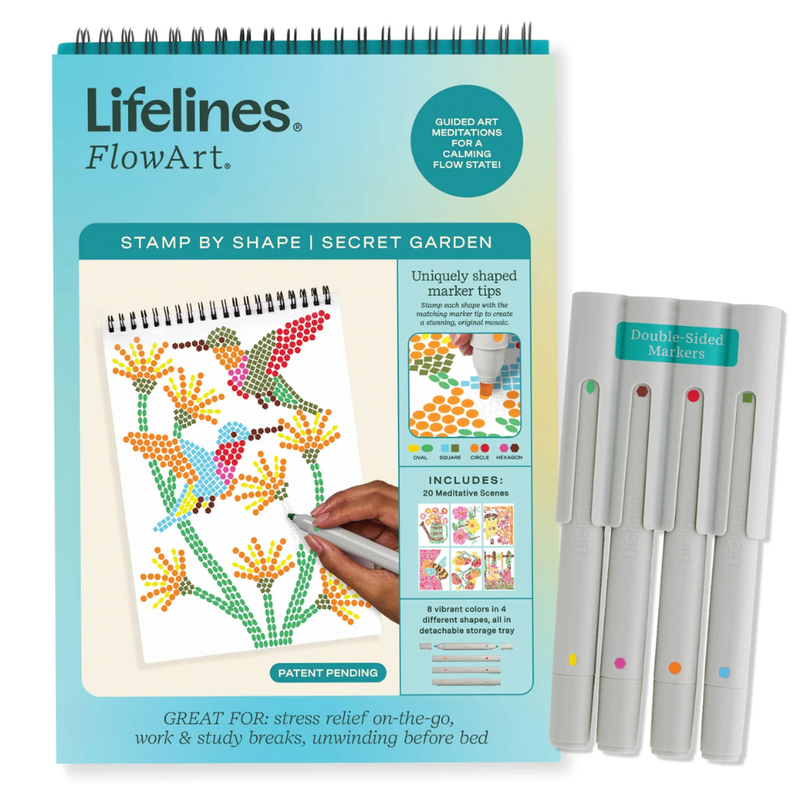 Lifelines FlowArt Secret Garden stamp coloring book with markers on a white background.