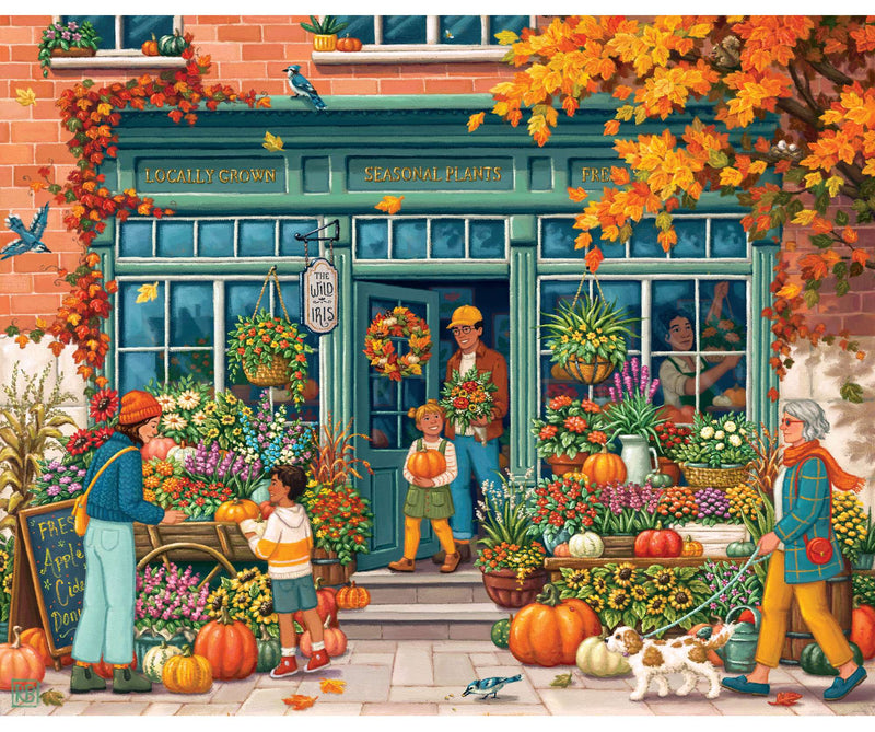 Colorful autumn flower shop puzzle illustration featuring pumpkins, seasonal blooms, and shoppers