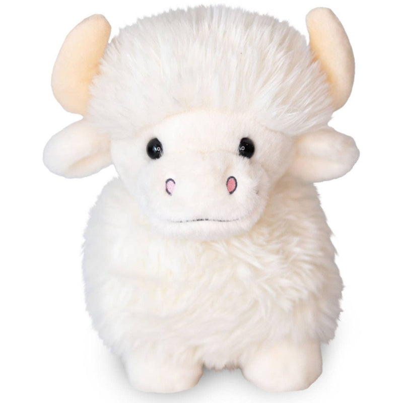 Plush white Highland Cow with horns on a white background