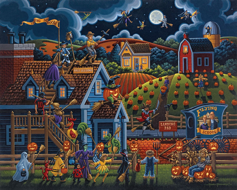Flying School 500-piece puzzle artwork featuring Halloween night scene with witches and pumpkins
