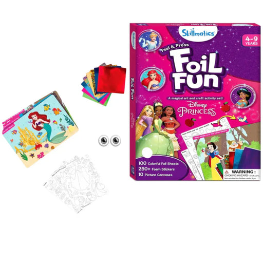 Skillmatics Foil Fun Disney Princess peel and press activity art kit package.