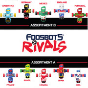 A product assortment graphic for 'Foosbots Rivals' showing two sets of mini soccer-themed push toys labeled 'ASSORTMENT A' and 'ASSORTMENT B'. The top row shows five bots with Argentina, Germany, Mexico, England, and Portugal, while the bottom row shows France, Brazil, Canada, Spain, and the USA.