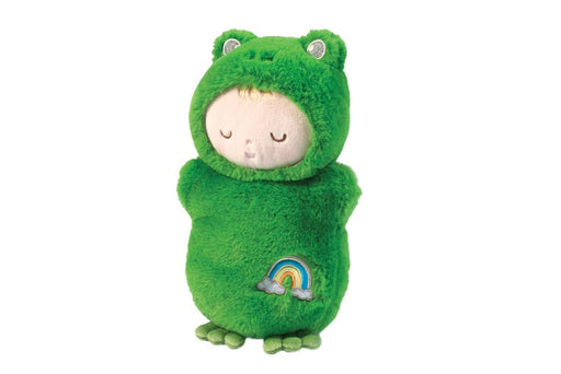 Green plush baby toy in frog costume with rainbow embroidery on white background