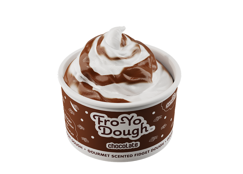 Fro-Yo Dough chocolate scented fidget dough container with swirled brown and white contents
