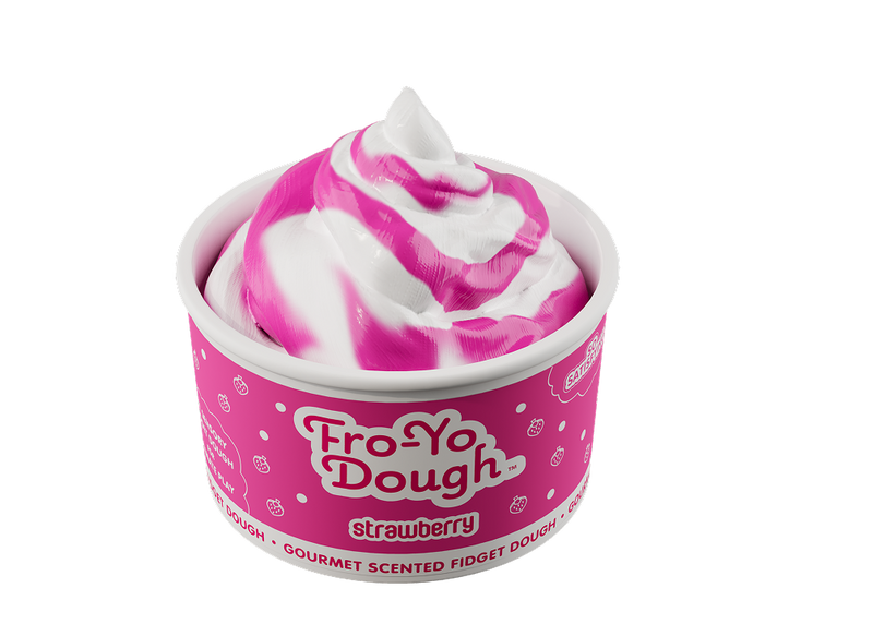 Fro-Yo Dough strawberry scented fidget dough in pink container with swirled pink and white dough