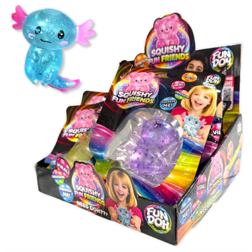 Display box filled with packaged 'Squishy Fun Friends' toys, alongside one loose blue glittery axolotl-shaped toy with pink fins on a white background.