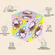 Colorful cube with Hello Kitty character design on a beige background, featuring text about product features.