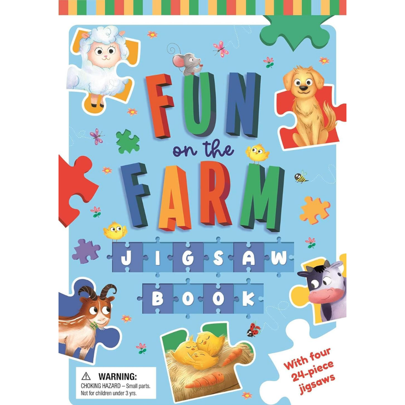 Children's puzzle book titled 'Fun on the Farm' with colorful farm animal illustrations on a blue background.