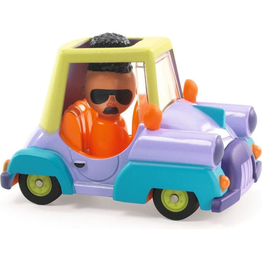 Colorful toy car with driver figure in sunglasses on white background