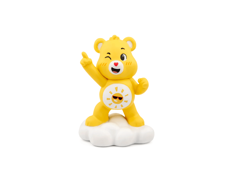 Yellow Care Bears Funshine Bear Tonie figurine with sun symbol on belly standing on white cloud