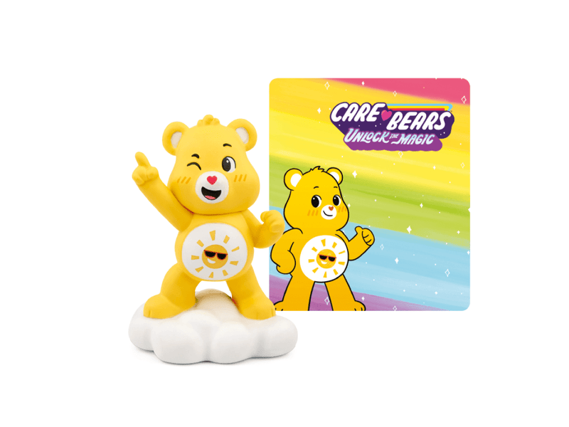 Yellow Funshine Bear Tonie figure with rainbow card on white background
