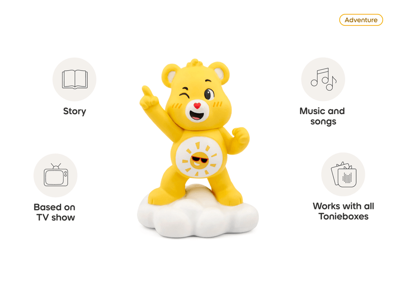Yellow Care Bears Funshine Bear Tonie figure on cloud base with feature icons