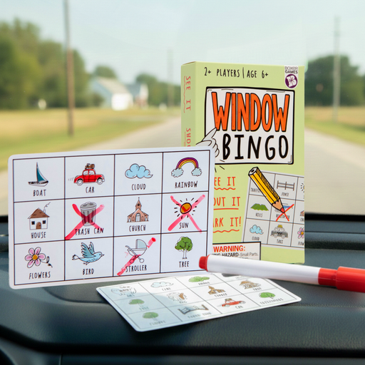 Window Bingo road trip game displayed on car dashboard with bingo cards and markers
