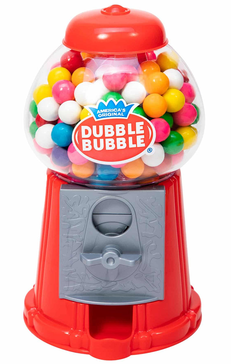 Dubble Bubble gumball bank machine filled with colorful gumballs on white background