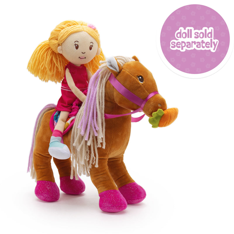 Groovy Girls Blossom plush horse toy with blonde doll rider on white background