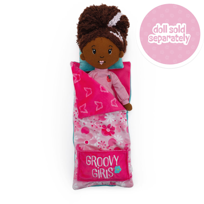 Groovy Girls pink floral sleeping bag with teal accents displayed with doll on white background