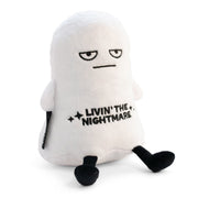White ghost plushie with tired expression and 'Livin' the Nightmare' text on clean background